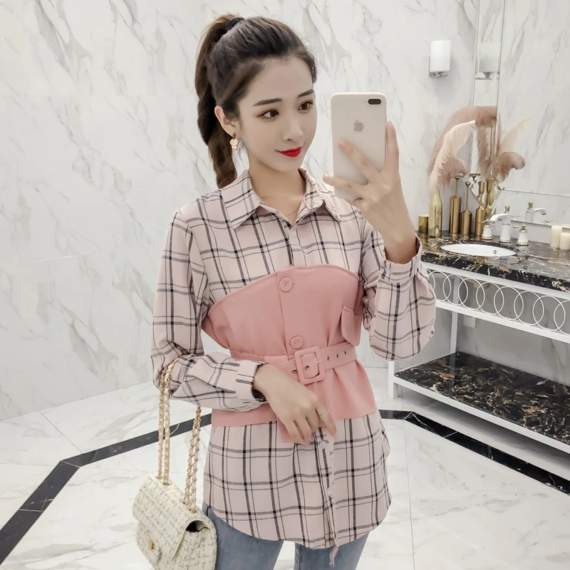 Женская клетчатая рубашка COIGARSAM белая или коричневая в клетку модель 3350 на осень