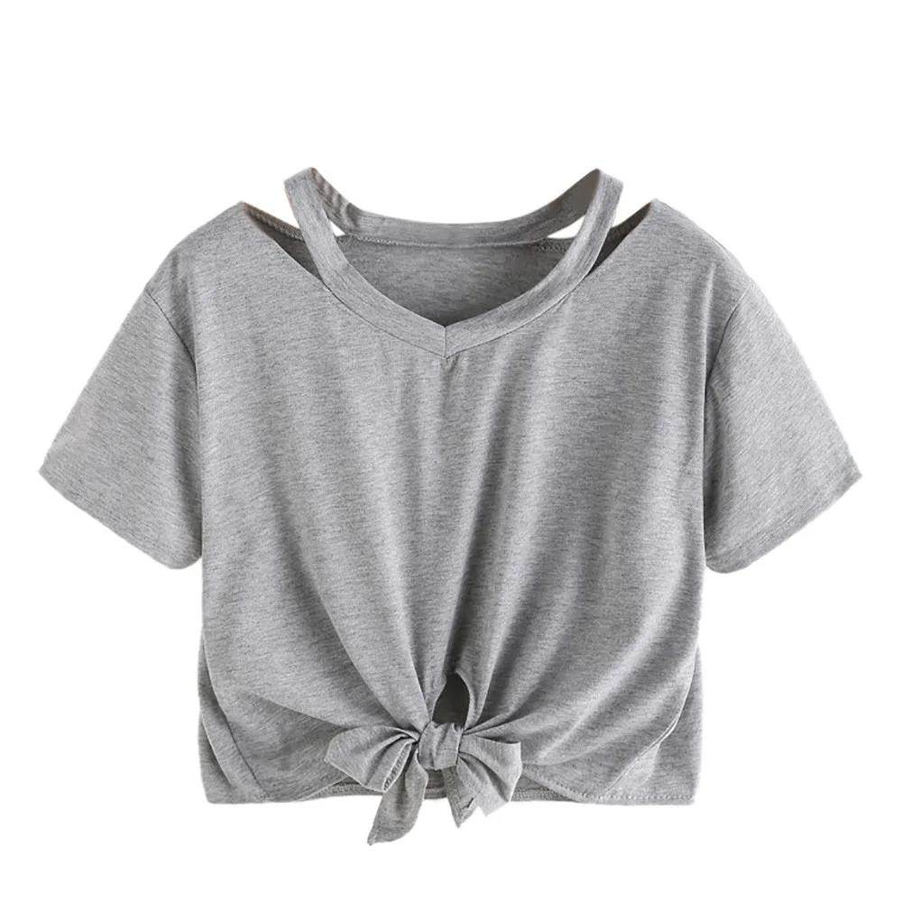 Женская футболка с коротким рукавом модная повседневная бандажная вырезом и