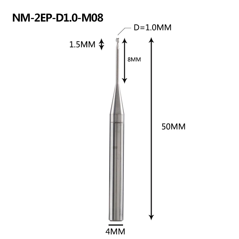 NM-2EP Вольфрамовая сталь 2 Флейта квадратная длинная шея с покрытием Концевая фреза Фрезерный резак режущие инструменты для меди и алюминиевого сплава - Длина режущей кромки: NM-2EP-D1.0-M08