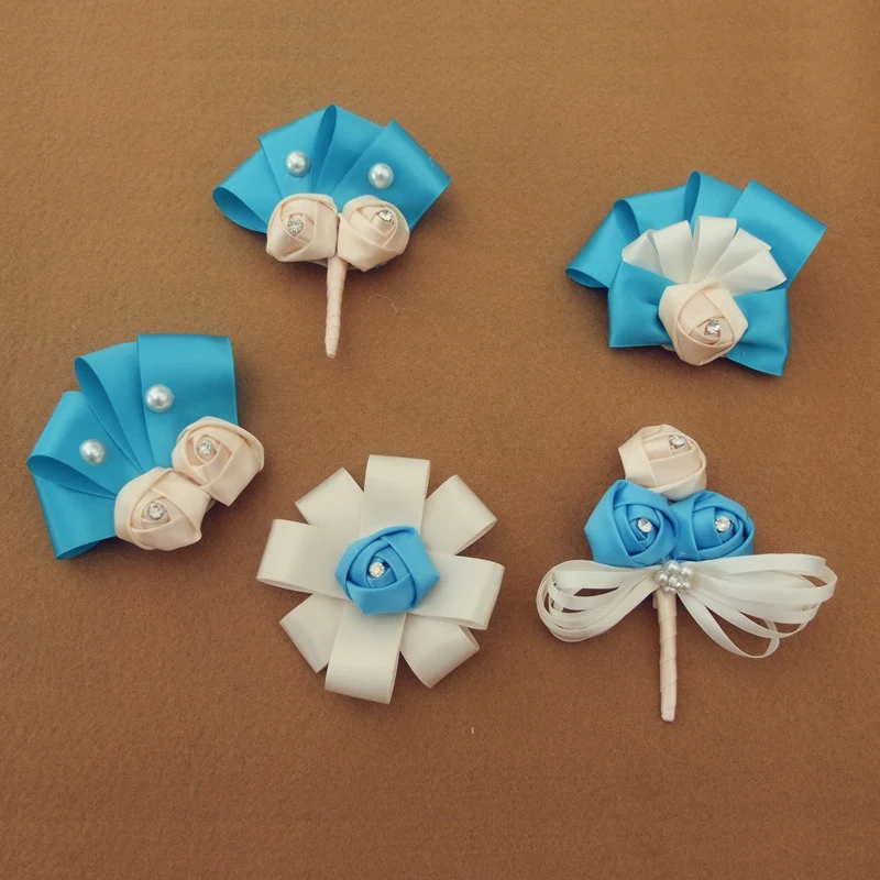 (5 шт./компл.) Высокое Качество Ручной Работы Синий и Белая Роза Свадебный Цветок