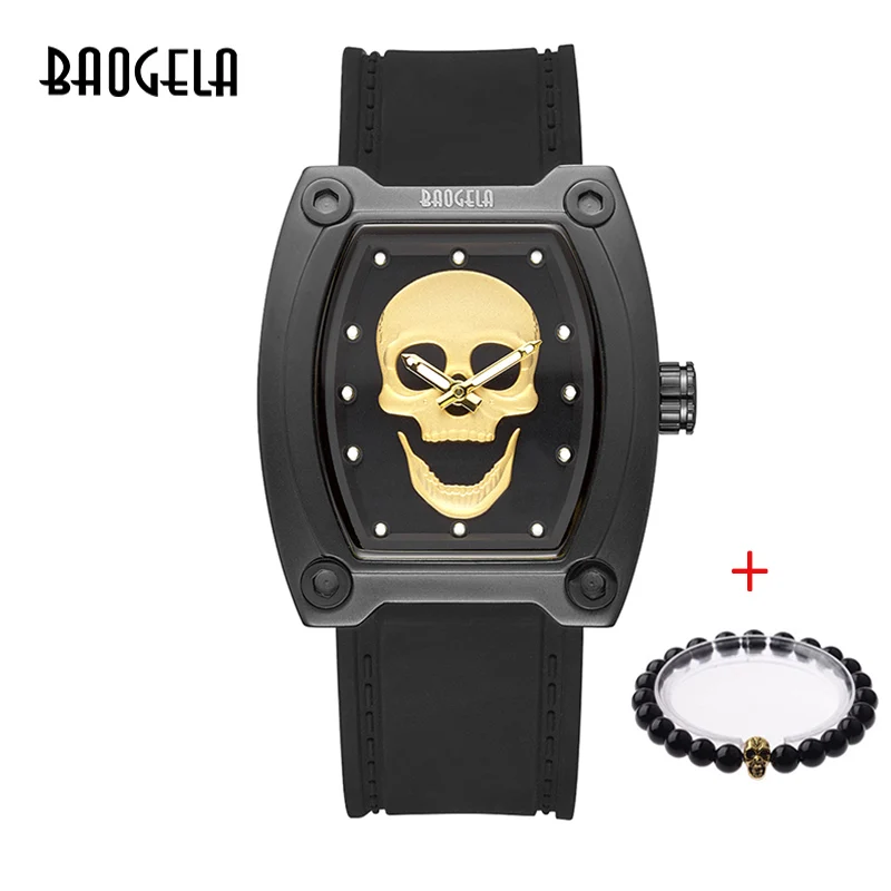 BAOGELA nouveau Спорт кварцевые squelette montres bande de Silicone грудь для люминисцентных crâne montre-браслет homme Relogios Mascu - Цвет: 1810-Black gold