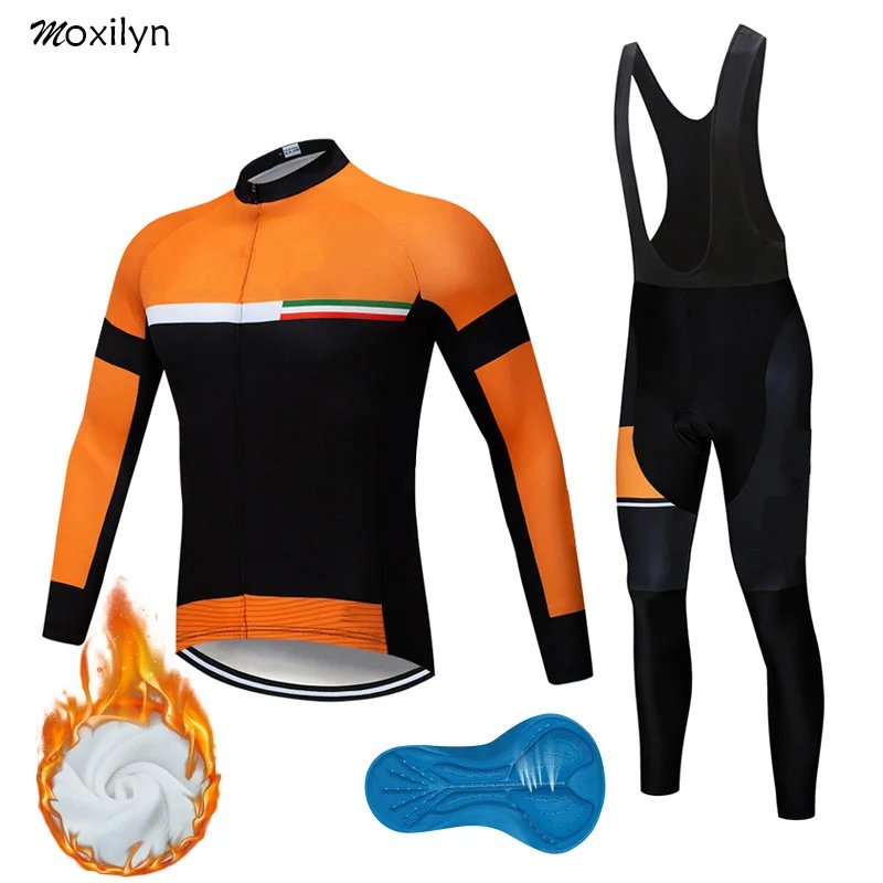 with fleece set 2 Moxilyn, набор Джерси для велоспорта, Зимняя Теплая Флисовая одежда с длинным рукавом для гонок, одежда для велоспорта, Ropa Ciclismo, оранжевый велосипедный костюм - Цвет: with fleece set 2