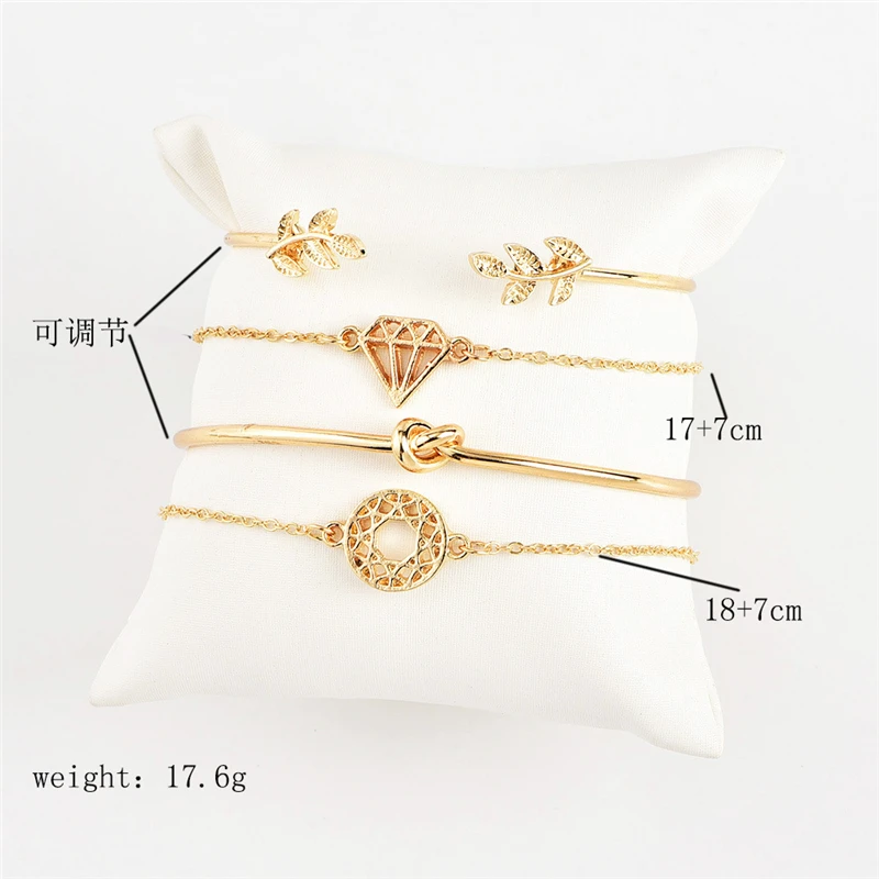 4 Pcs/ Set Bohemian Leaves Knot Round Chain Opening Gold Bracelet Women Fashion Apparel Jewelry Valentines Day Gift |