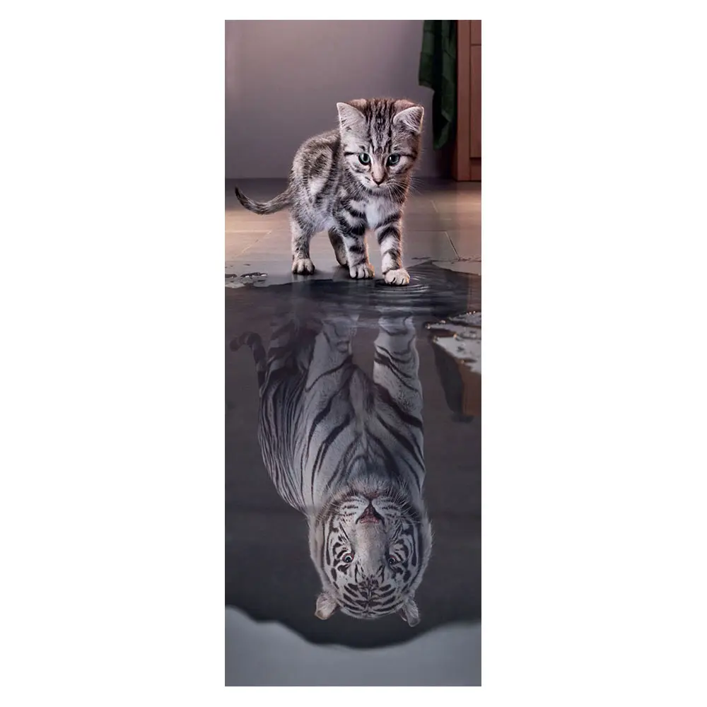 3D наклейка на дверь с милым котом, отражающим тигром, плакат, Настенная Наклейка на дверь, художественная дверь в спальню, водонепроницаемая ПВХ наклейка, сделай сам, домашний декор