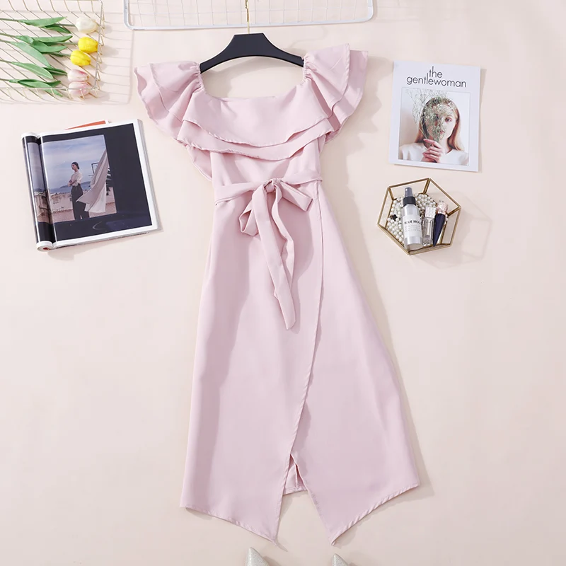 Korobov Korean Double Ruffles Slash Neck Dress Women High Waist Lacing Bow Elegant Dresses Slim Irregular Split Vestidos 77543 | Женская