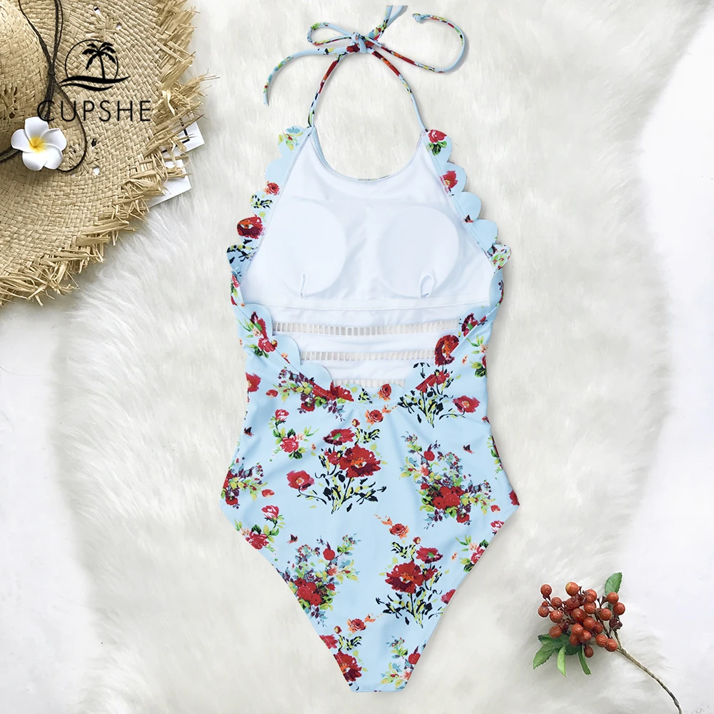 CUPSHE синий и красный цветочный Холтер цельный купальник женский волнистый