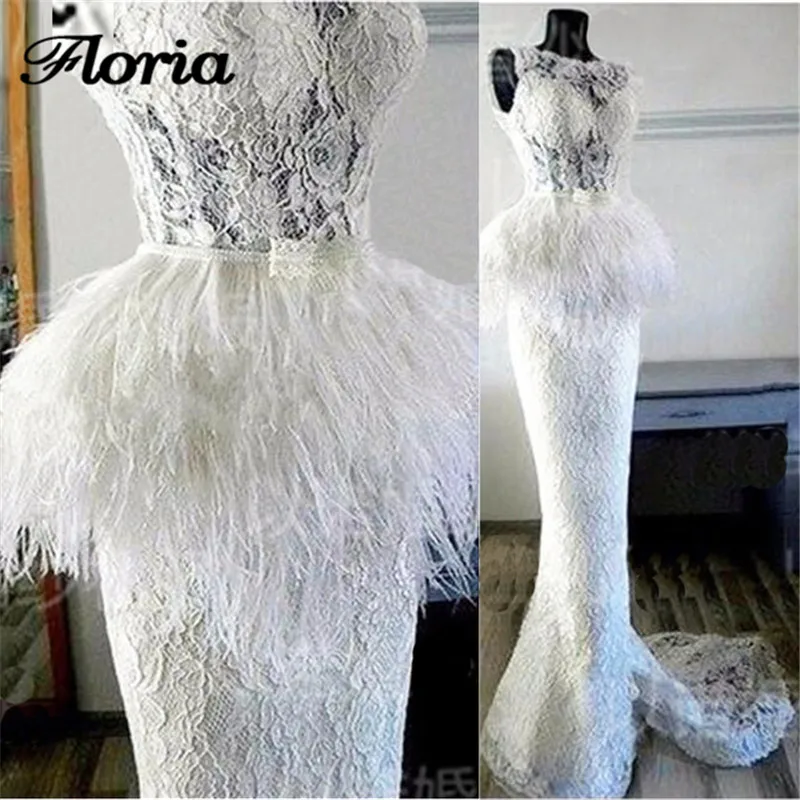

Luxury White Feathers Evening Dresses 2018 Aibye Muslim Sleeve Formal Prom Dress Turkish Lace Mermaid Party Gowns Robe de soiree