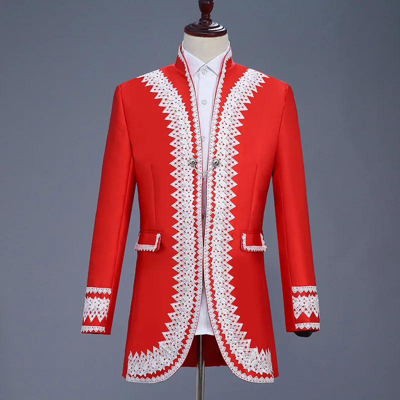 

Vestidos de Festa Longo Burgundy Mens Long Blazers Men Stage Jacket for concert Singer Stand Collar Red Men Blazer