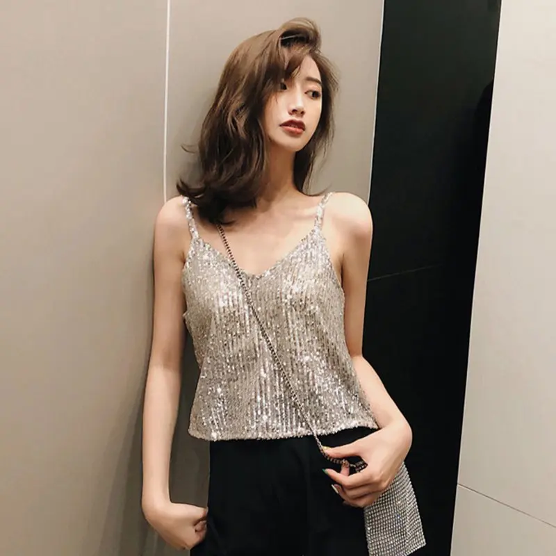 Женский блестящий топ без рукавов Свободный Топ с блестками и v образным вырезом