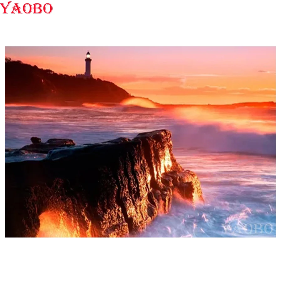Полный квадрат 5D diy Алмазная мозаика Маяк вышивка наборы крестиков закат морской