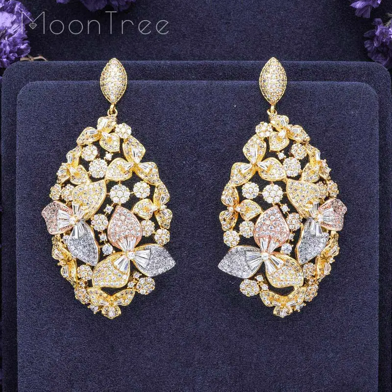 Gold Color Moontree 65 мм нежный цветок оставляет кубический цирконий; для помолвки свадебные серьги-кольца, модные ювелирные украшения для женщи - Окраска металла: Gold Color