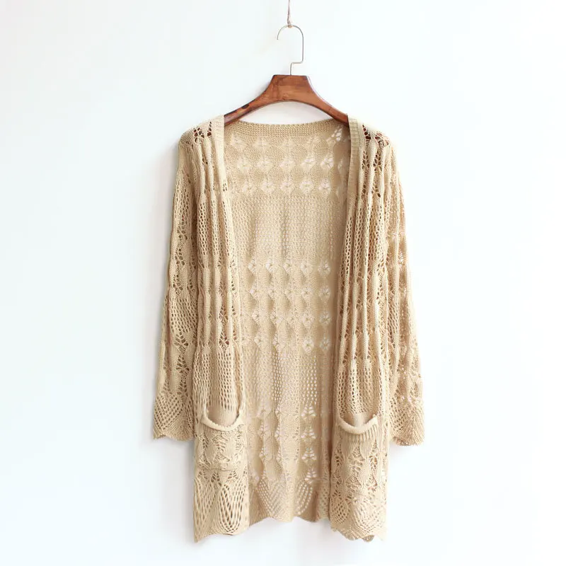 Khaki 20 цветов, модные женские летние кружевные кардиганы, высокий уличный белый кардиган, повседневный вязаный желтый кардиган - Цвет: Khaki