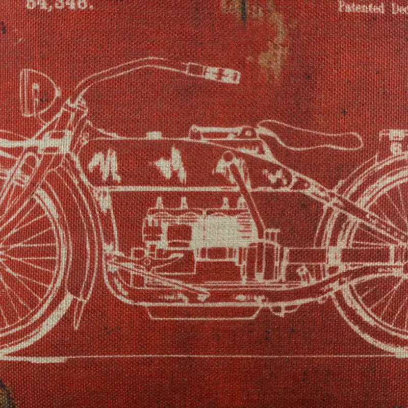 LINKWELL 18x18 &quotРетро Темно-красный СТАРЫЙ мотоцикл патент рисунки Мешковина