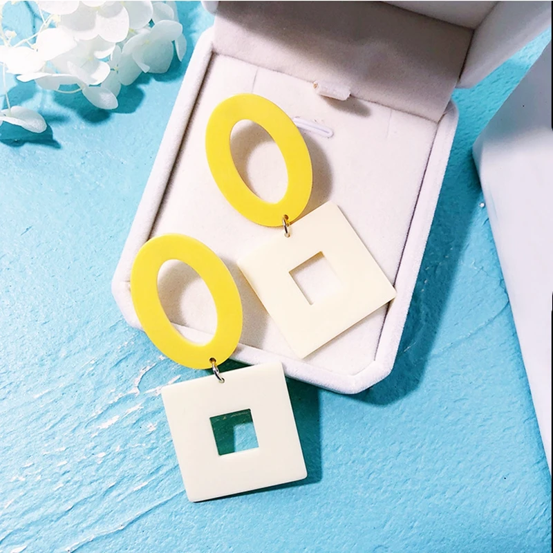 Hollow Geometric Round Square Long Dangle Earrings Pink Yellow White Green Acrylic Big Drop Earrings For Women Jewelry Gift