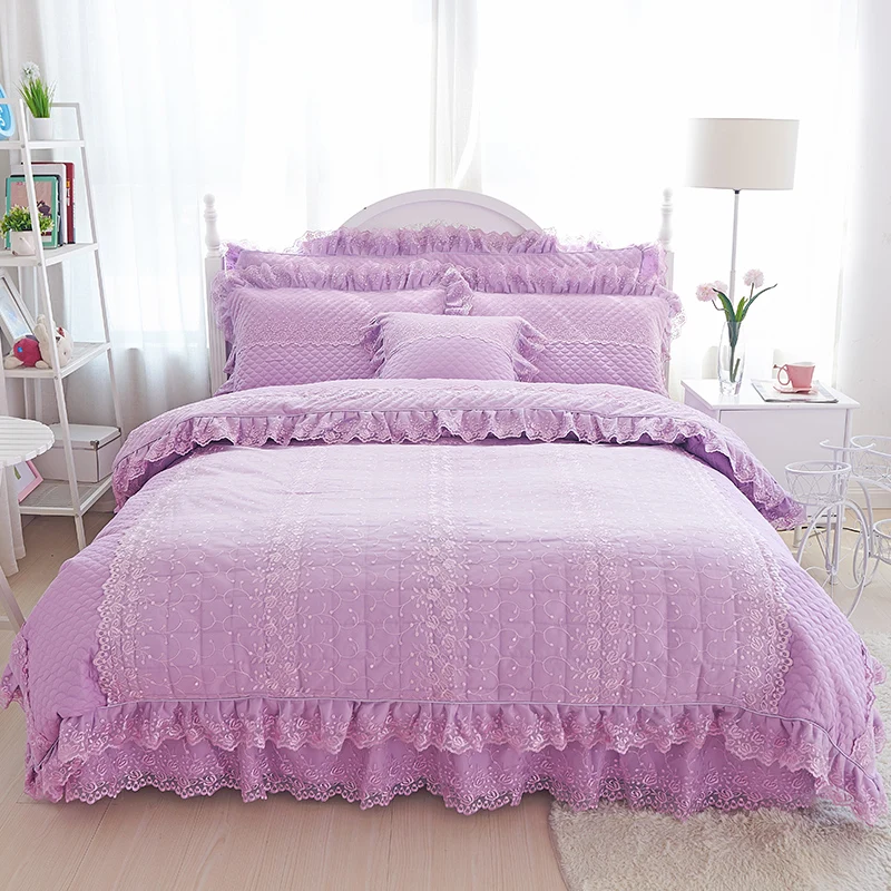 

Purle beige lace cotton quilted thick bed set princess girls bedding set twin queen king size duvet cover bed skirt 36