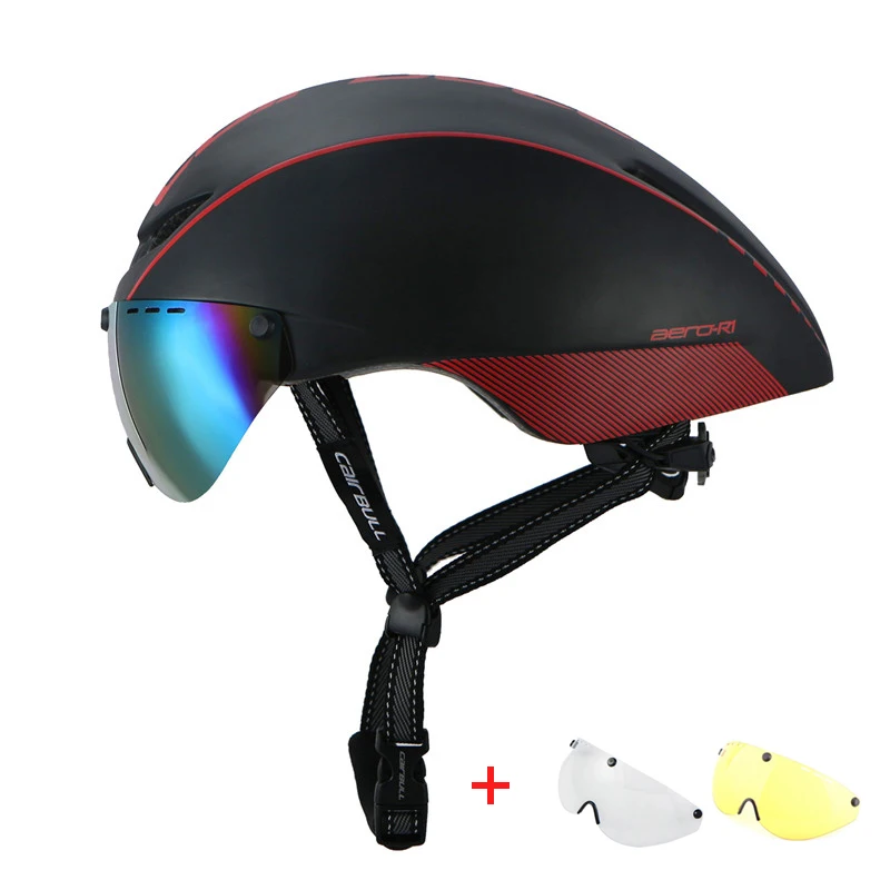 Black red plus lens Велосипедный шлем с линзами TT In-mold дорожный велосипед шлем MTB очки Сверхлегкий ветрозащитный езда гоночный велосипедный шлем - Цвет: Black red plus lens