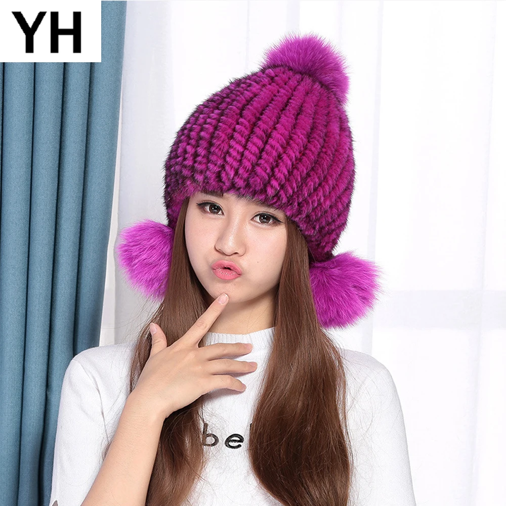 Зимние женские сапоги из натуральной меховая шапка норки с 3 помпоны лисьего меха