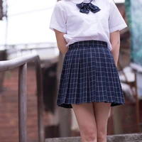 navy bluegray classical grid pleated skirts japanese school girls student high waist plaid pleated skirt cosplay school uniform
