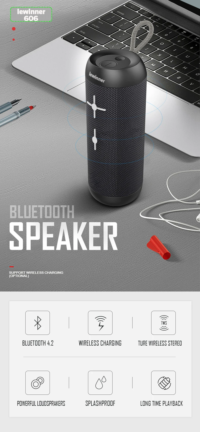 Lewinner ткани Bluetooth колонки Беспроводной IPX6 Водонепроницаемый TWS сабвуфер 14 Вт стерео звук с микрофоном Поддержка беспроводной зарядки