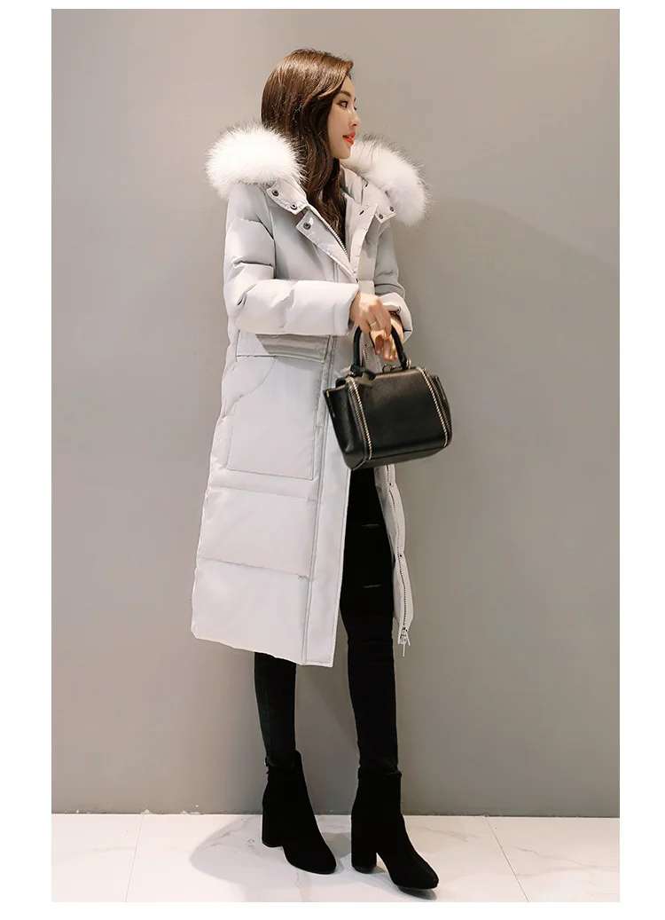Женская зимняя куртка-пуховик с гусиным пухом, длинная парка с меховым воротником и капюшоном, тонкая плотная теплая верхняя одежда Oke116