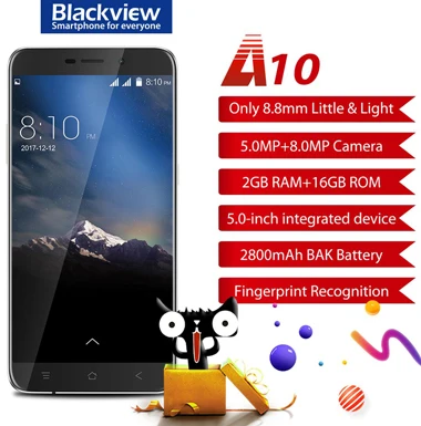 Смартфон Blackview A10 3g, 5,0 дюймов, 720 P, HD ips, Android 7,0, 2 Гб ОЗУ, 16 Гб ПЗУ, четырехъядерный, с сенсорным экраном, ID, 8 Мп, Unibody, тонкий мобильный телефон