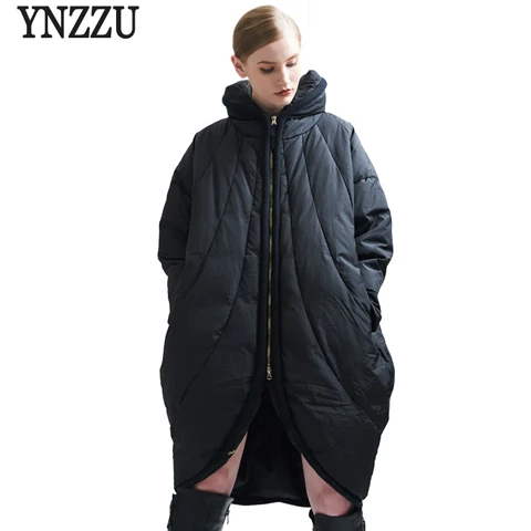 YNZZU, женский зимний пуховик,, брендовый, свободный, белый, утиный пух, пальто, стоячий воротник, толстый, теплый, женский плащ, негабаритная куртка, AO345 - Цвет: Черный