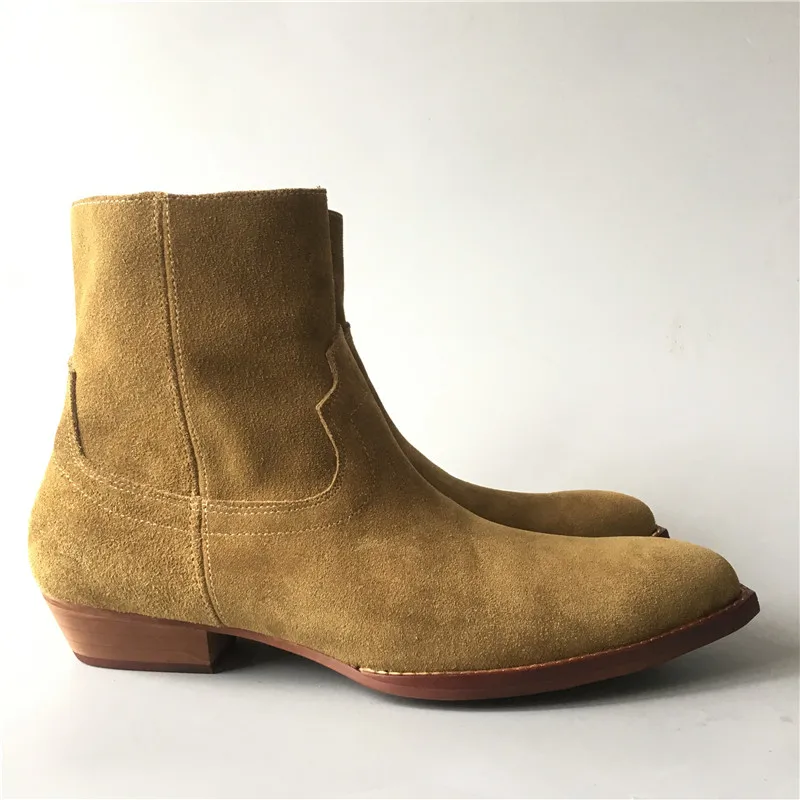 

Men wedge suede luxury handmade pointed toe Boots ankle zipper high end customized zipper Boots