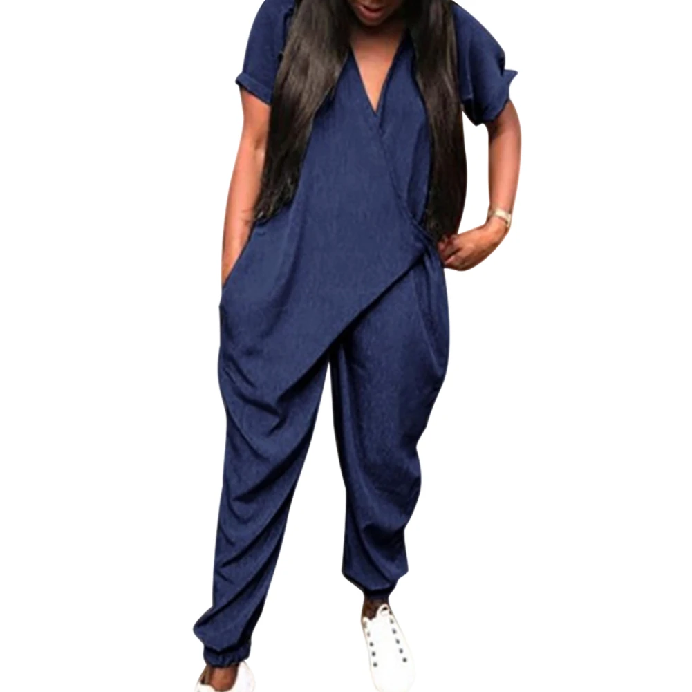 Women V Neck Loose Short Sleeve Solid Color Jumpsuit for Summer Beach Party GDD99
