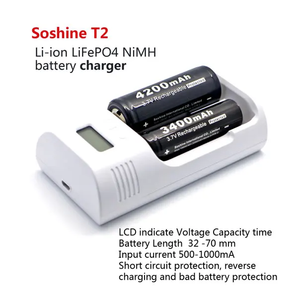 Soshine T2 LCD Li Ion Ni MH LiFePO4 зарядное устройство для аккумулятора 26650 18650 14500 16340 C AA