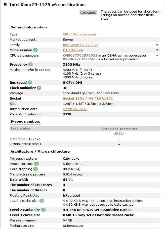 E3-1275V6 процессор Intel Xeon E3 1275V6 3,80 ГГц четырехъядерный процессор LGA1151 E3-1275 V6