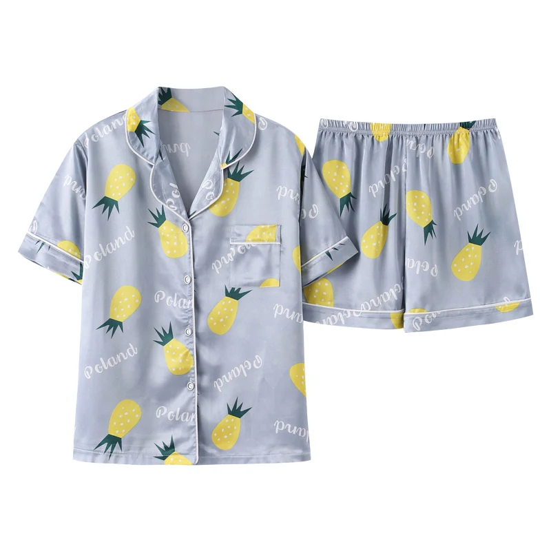 Sleep Lounge Button Pajama Set Sexy Satin Sleepwear Women Summer Pyjama Femme Fashion Fruit Pineapple Pajamas for | Женская одежда
