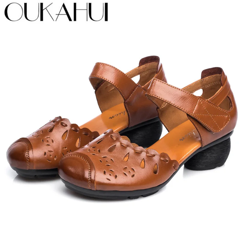 OUKAHUI/Летние Элегантные дышащие туфли лодочки из натуральной кожи женская обувь