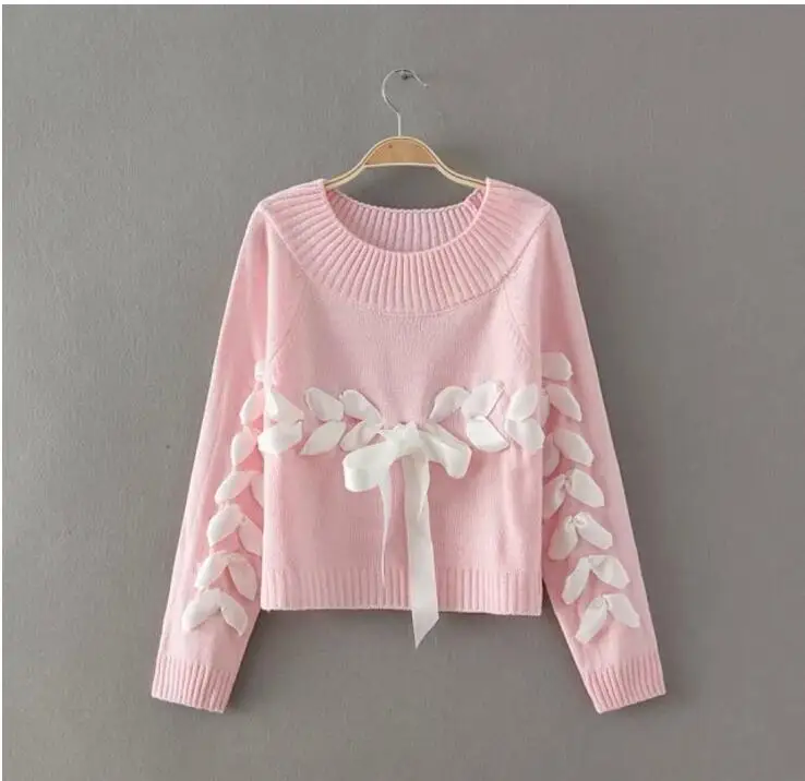 2017 Fashion new winter ladies sweater solid color cute silk banded bowknot Loose knitted pullover for female | Женская одежда