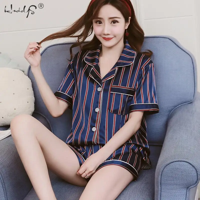 Navy stripes Полосатая пижама с цветочным принтом, топ с коротким рукавом и шорты, женские атласные шелковые пижамные комплекты, милая мультяшная пижама, женская домашняя одежда - Цвет: Navy stripes