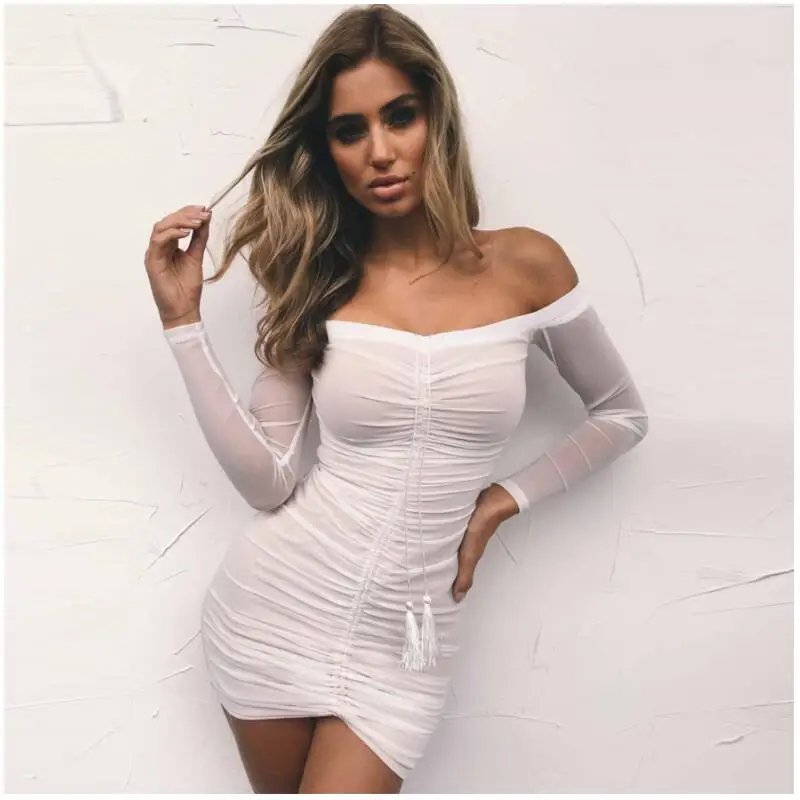 Женское платье черное белое Сетчатое с кисточками длинным рукавом топ