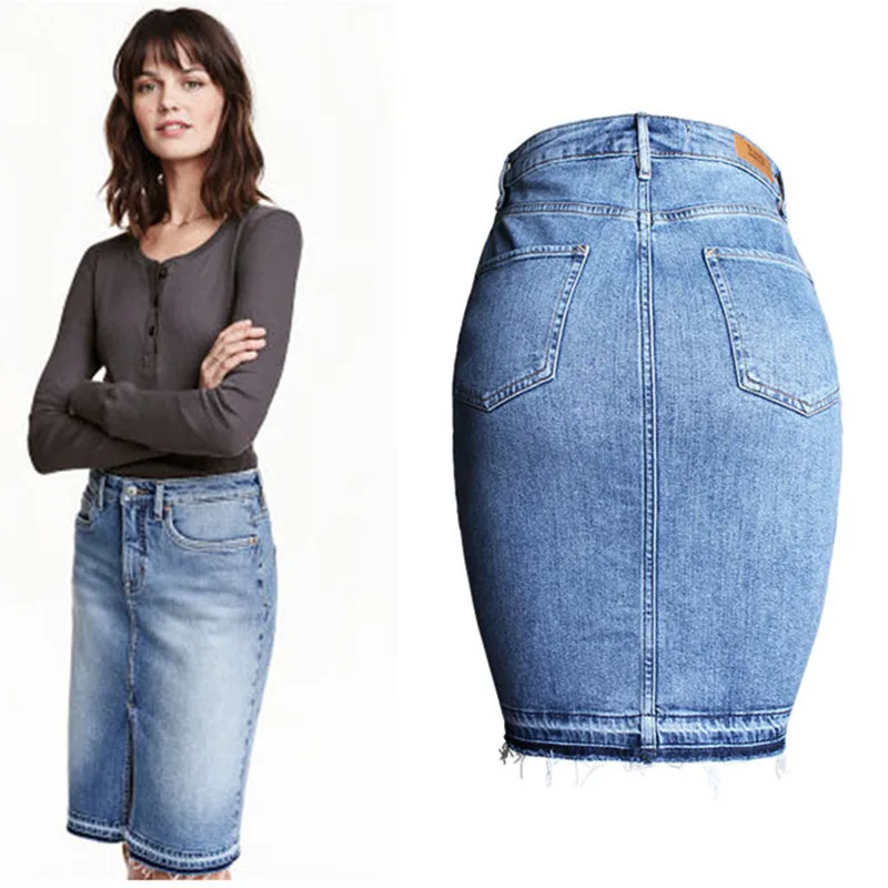 Женская джинсовая юбка-карандаш с высокой талией и эластичным разрезом модель 036