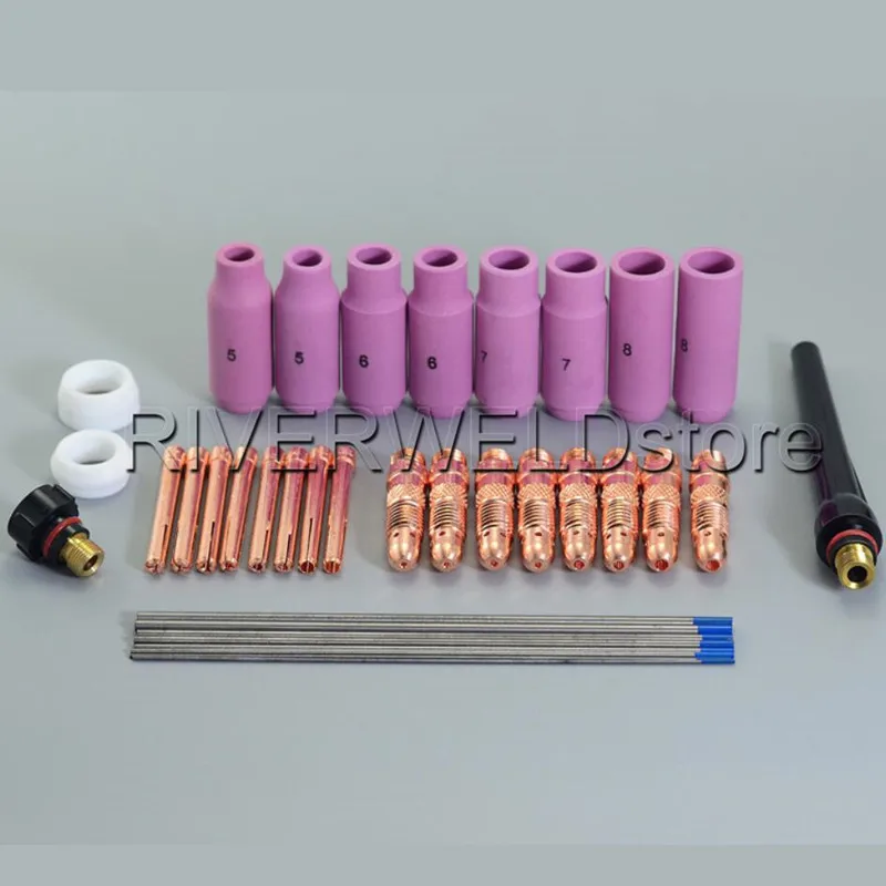 

TIG KIT Collet Body Back Cup & 2% Lanthanated вольфрамовые электроды расходные материалы для TIG сварочный фонарь WP-17 WP18 WP-26,36PK