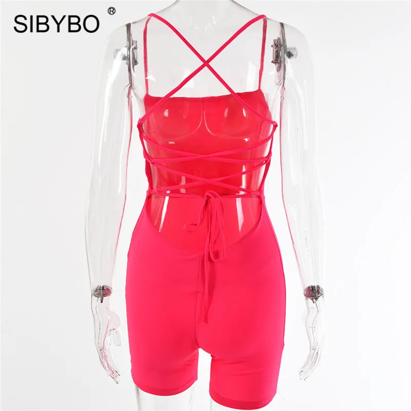 Rose Red Sibybo, перекрестный бандаж, открытая спина, летний женский комбинезон, без рукавов, на бретелях, сексуальный комбинезон, женские пляжные комбинезоны и комбинезоны - Цвет: Rose Red