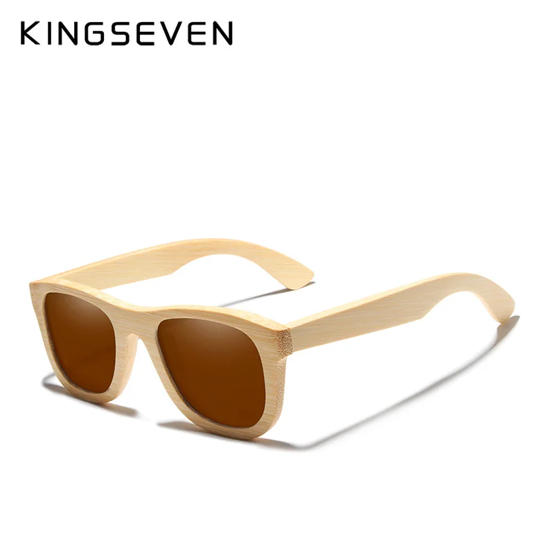 Brown KINGSEVEN, ретро бамбуковые солнцезащитные очки для мужчин и женщин, поляризационные зеркальные, UV400, солнцезащитные очки, полная оправа, деревянные оттенки, очки ручной работы - Цвет линз: Brown
