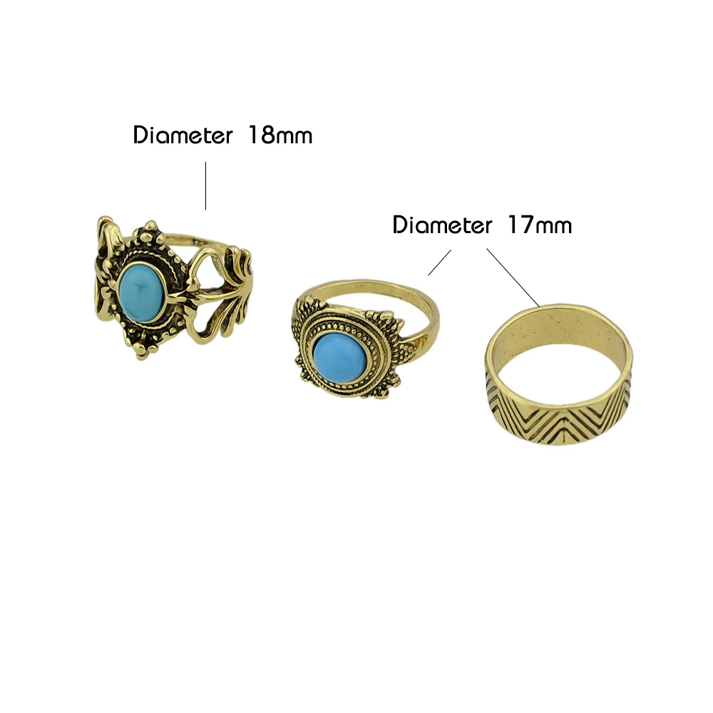 Jufee New Fashion 3Pcs/Set Bohemia Ethnic Antique Gold-Color Rhombus Shape With Blue Stone Rings Set For Women Accessories | Украшения и