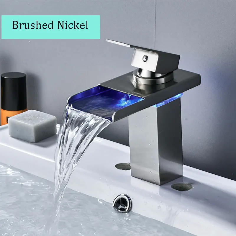 Brushed Nickel Светодиодный кран для раковины, кран для раковины, кран для раковины с возможностью изменения цвета, смеситель для раковины для ванной комнаты, латунный кран для холодной и горячей стирки - Цвет: Brushed Nickel