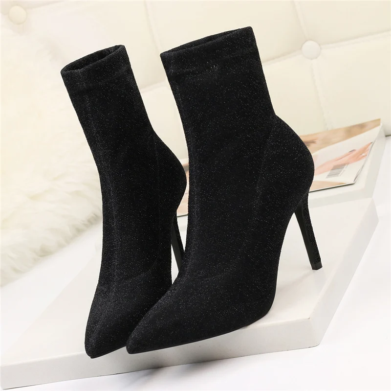 2019 женские эластичные ботинки Серебристый носок ботильоны на высоком каблуке