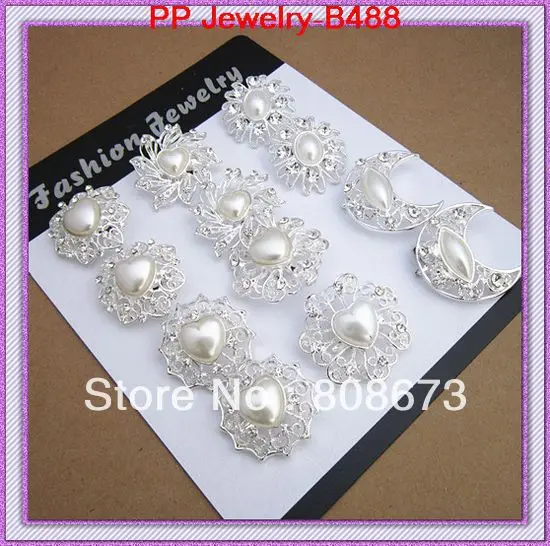 

12PCS Mixed Designs Small Pearl And Crystal Silver Brooch Pins