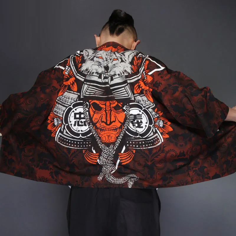 Мужской длинный кардиган японский черный кардиган-кимоно с волнистым принтом 2019