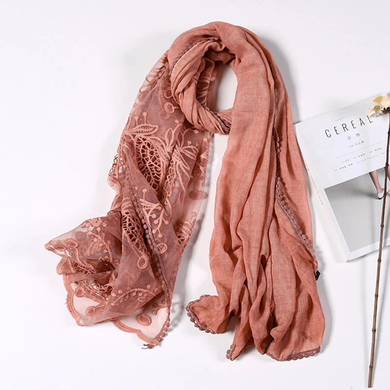 

Vintage Lace Solid Women Scarf Cotton Spring Lady Shawl Colorful Leaf Print Spring New Design Girl Present Scarves Drop Shipping