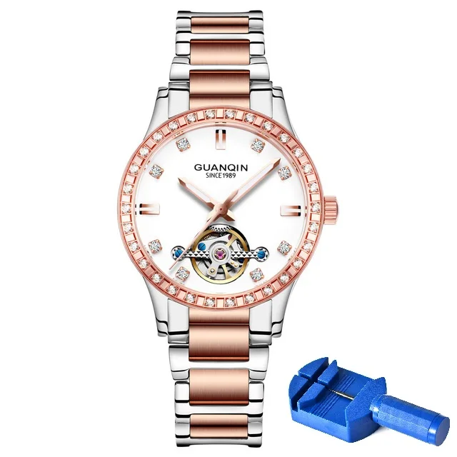 Rose Gold White Tool GUANQIN часы женские automatic Tourbillon светящиеся часы Скелет платье водонепроницаемые женские часы Лидирующий бренд Роскошные наручные часы - Цвет: Rose Gold White Tool