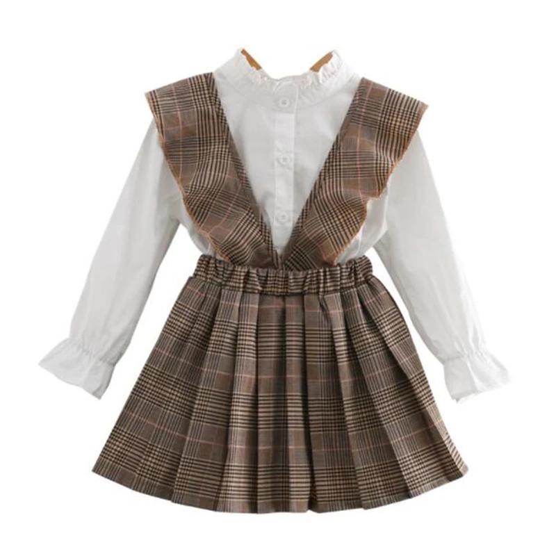 Одежда для девочек костюм с Однотонные Блузка + клетчатая юбка на подтяжках