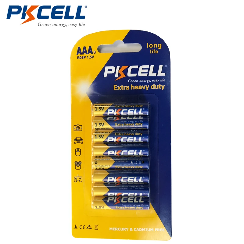 8 шт/карта PKCELL Супер сверхмощный 1,5 V AAA R03P углеродно-цинковые основные батареи
