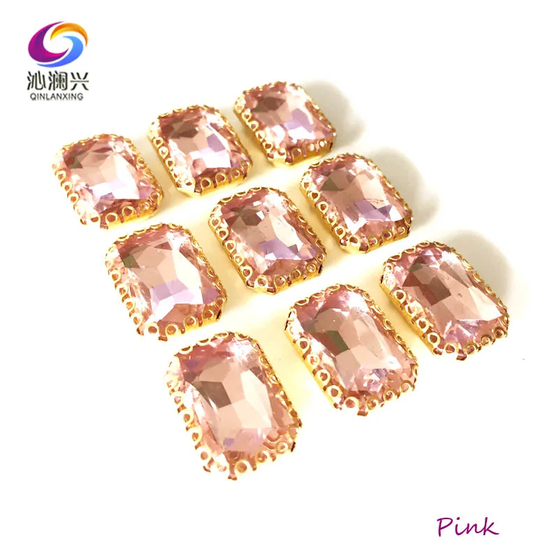Pink 10x14 мм/13x18 мм прямоугольная форма Топ стекло Кристалл коготь стразы, Золотая основа пришить на камень для Diy/одежда аксессуары - Цвет: Pink