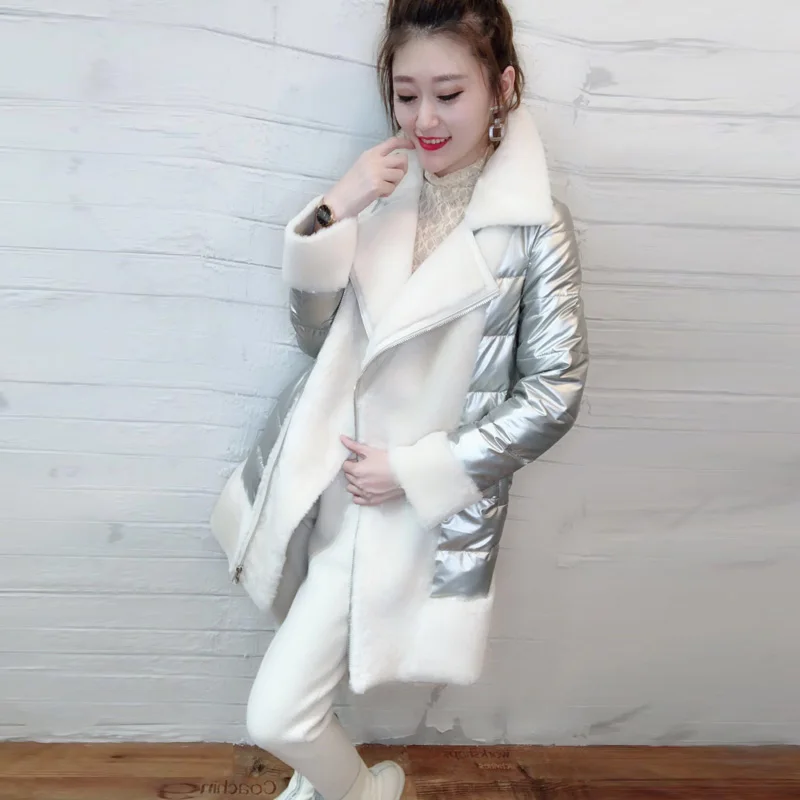 Кожаный пуховик натуральном овечьем меху пальто длинное зимняя куртка Для